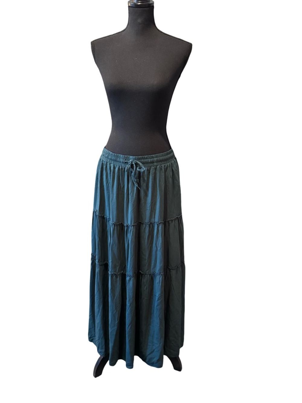 Long Tiered Drawstring Maxi Skirt - Dark Teal Green - With Pockets